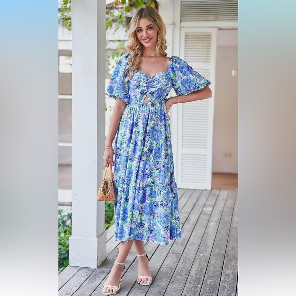 Floral Blue and White Puff Sleeve Long Midi/Maxi Dress NWOT Sz L